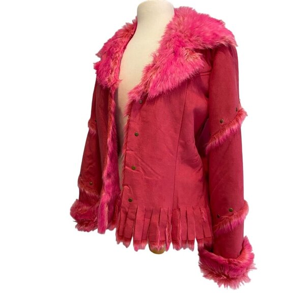 Pink Faux Fur Trimmed women Jacket Fringe & Studs Small western cowgirl Barbie - Picture 3 of 16